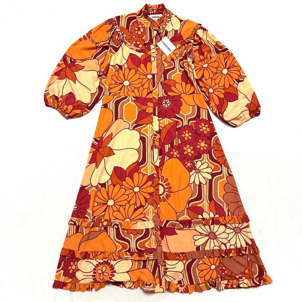 Saint Art sz M Maxi Dress Retro Print Button Down Ruffle Floral
